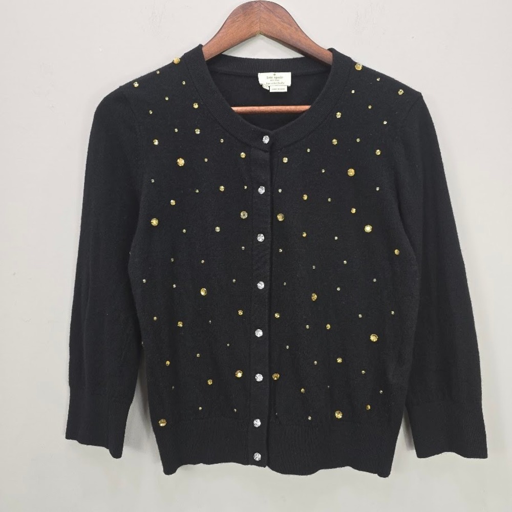 Kate Spade Embellished Cardigan Sweater Black Gold Buttons Wool Modal Cashmere